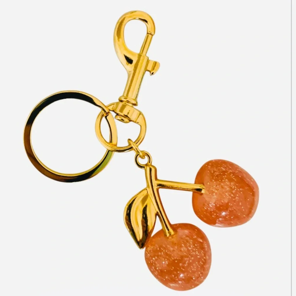 Gold Cherry Fruit Keychain Bag Charm Pendant with Pink Glitter Cherries Bling - Picture 5 of 12